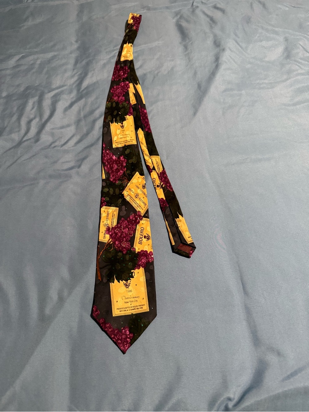 100% Silk Black Tie with Purple Grape & Gold Label Print. Handmade